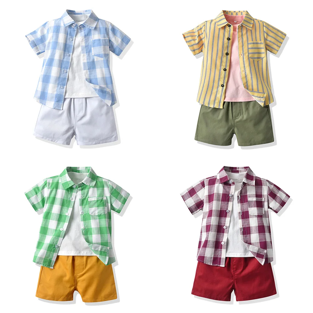 FEIBAI summer short sleeve 3 piece set kids  thin leisure plaid gentleman boys clothing set