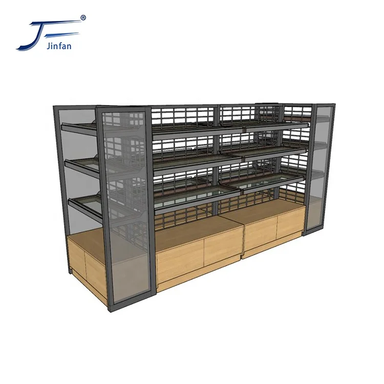 Supermarket steel and wood structure cosmetics and skin care products glass display shelf