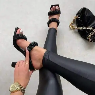 
2021 Women Pumps Fashion Weave Slippers Ankle Strap Sandals Women Thin High Heels Open Toe Female Shoes Lady Ladies Mules Shoes 