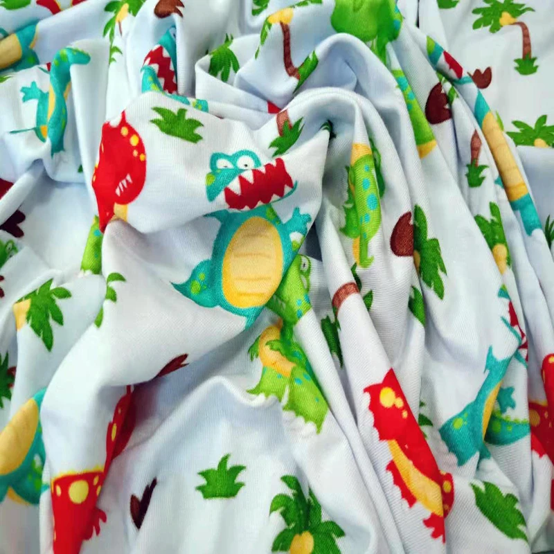 Kids Dino Style Custom Printed Bamboo Jersey Knit Lycra Fabric For Wholesale