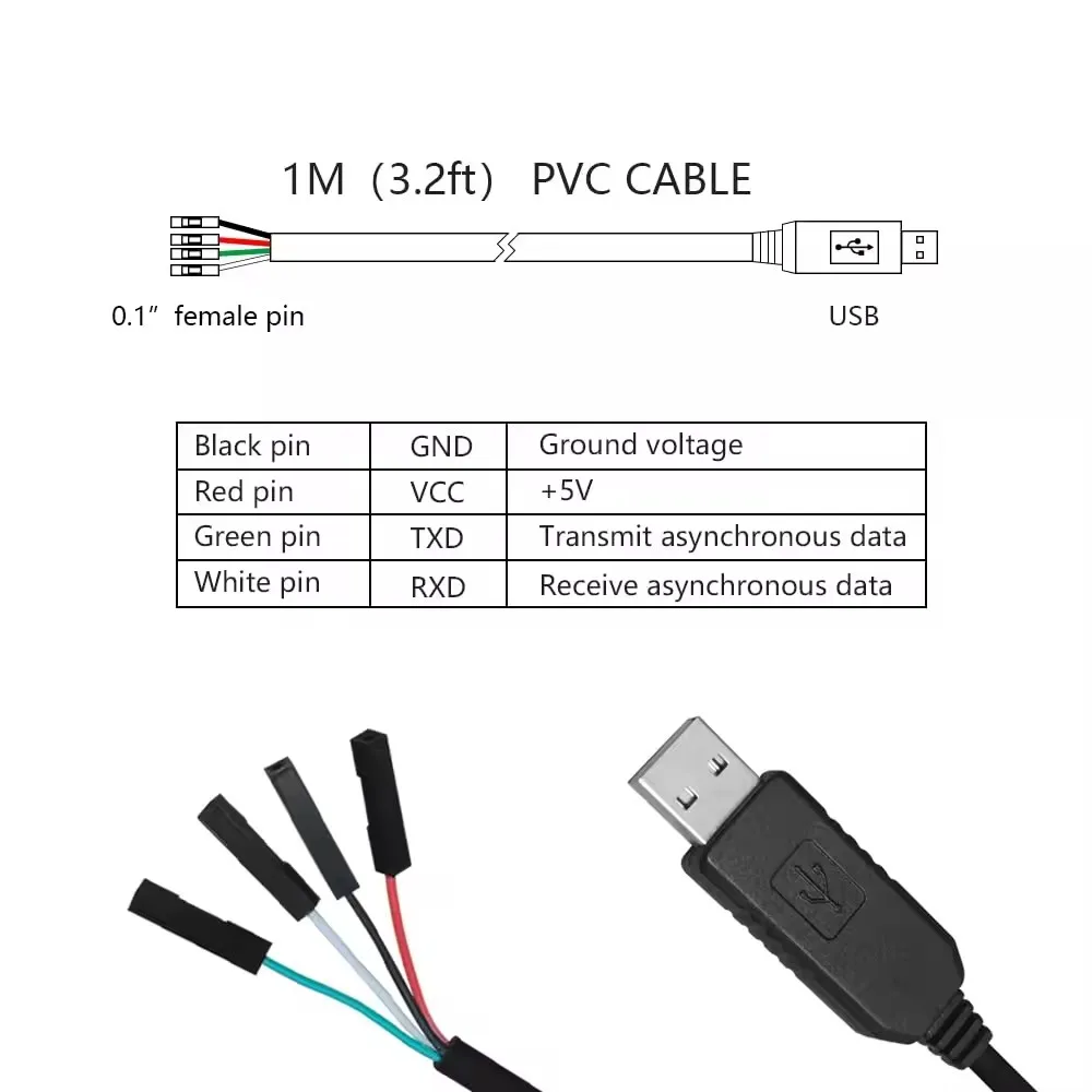 OEM Custom  Length 1 Meter USB To TTL Serial Port Cable RS232 RS422 RS485 0.1 Inch 4 Pin Female 3.3v Converter