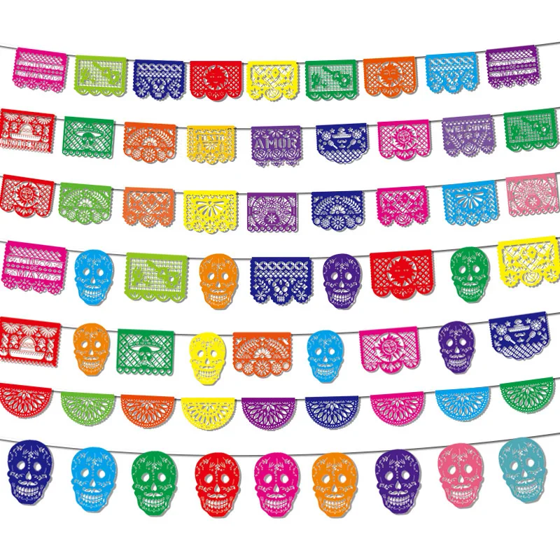 Mexican Theme Carnival Queue Party Decoration Square Banner Decorated Felt Flags Garland Day of The Dead Banner Skull Pattern
