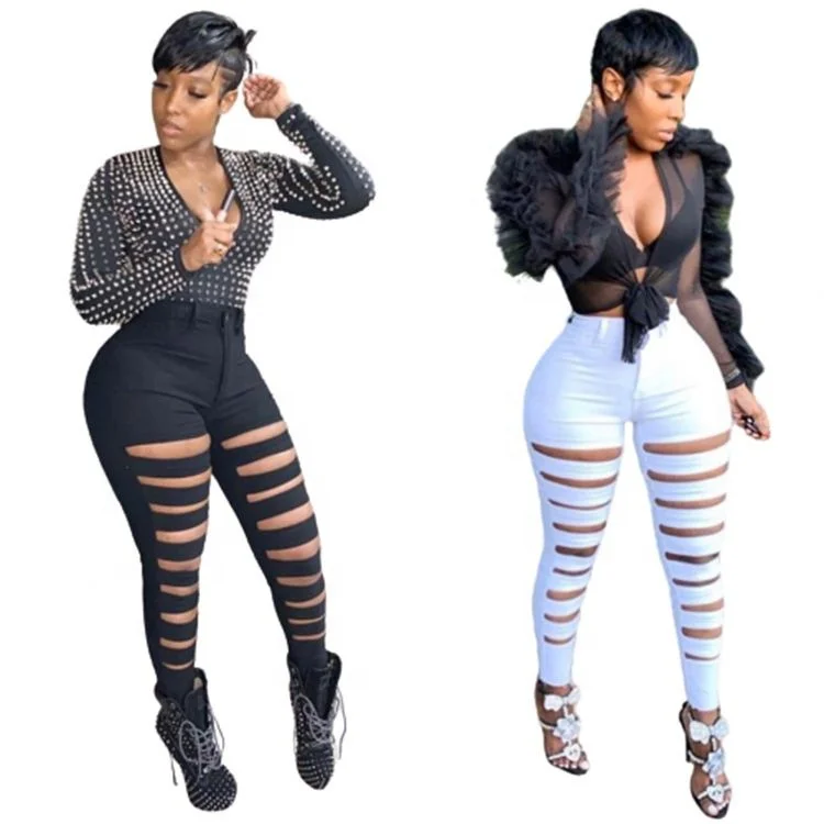
Best Design Fashion High Waist Summer Female Bottoms Ladies Legging Trousers Women Slim Skinny Hole Pencil Pants 