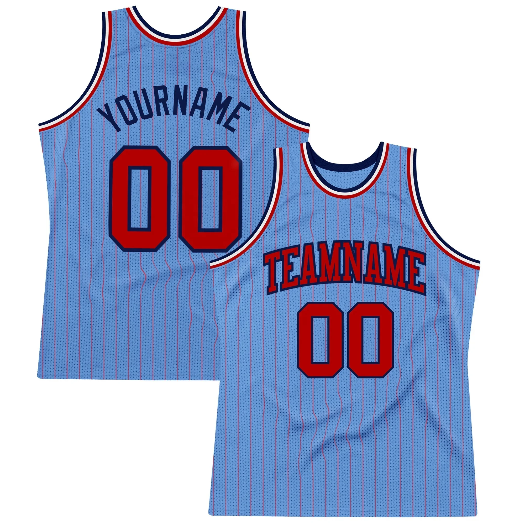 High quality popular Light Blue Red Pinstripe Red-Navy custom basketball jersey