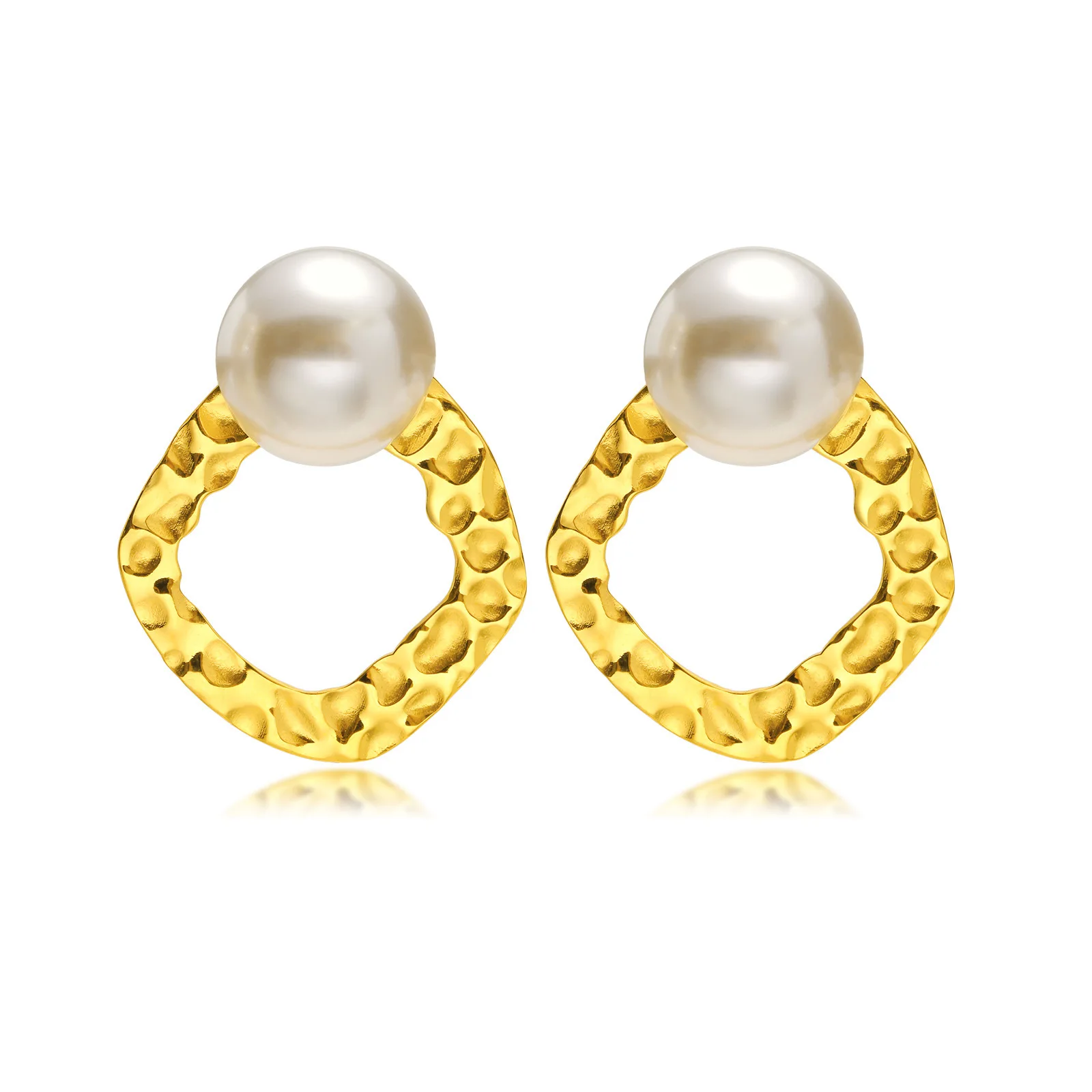 European Simple gold plated 18k gold plated stainless steel jewelry imitation pearl geometric embossed earrings