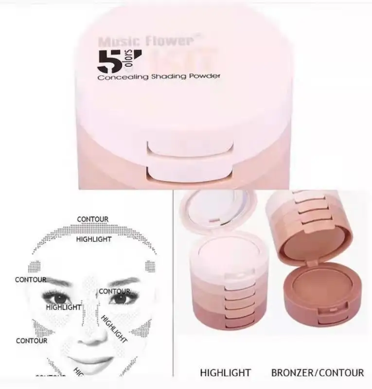 Original Music Flower 24 Hours Longlasting Waterproof Makeup 5 in 1 Concealing Shading Compact Press Powder With Mirror & Puff