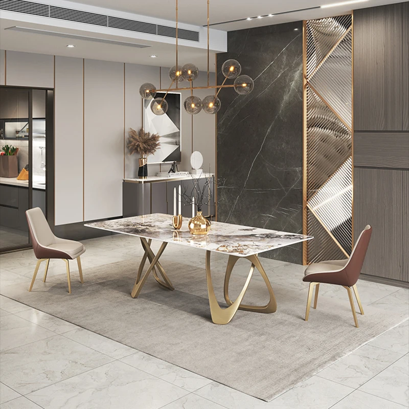 Luxury Modern Design Slab Plate Table Ready Stock Home Family Dinner Table Gold Frame White Slate Top Dining Tables