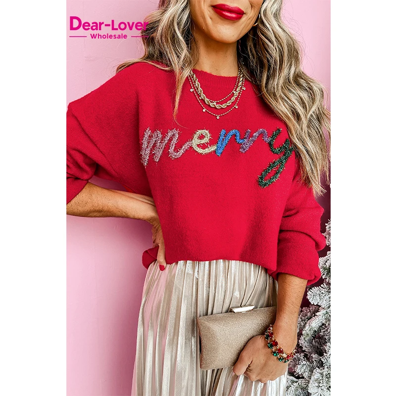 Dear-Lover Women Fiery Red Tinsel Merry Letter Drop Shoulder Baggy Sweater