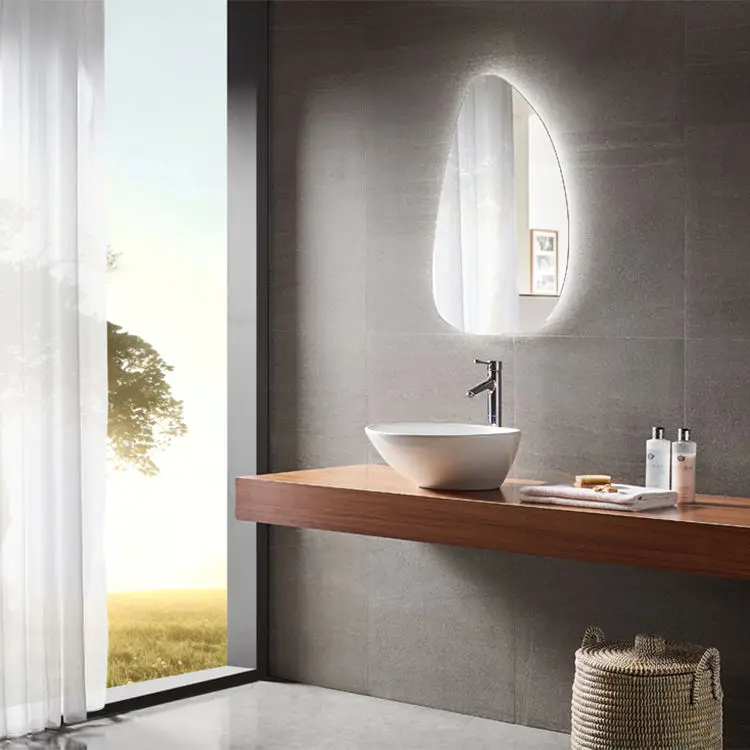 Factory price irregular shape wall mounting type led smart shower mirror for hotel bathroom