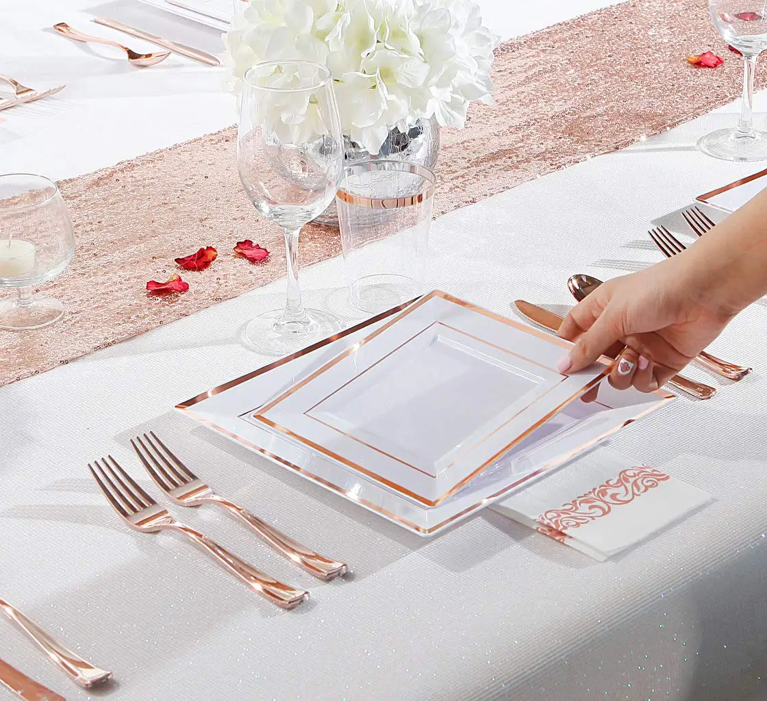 150pcs Disposable Plastic Square Tableware include 9.5in and 7in plate/knifes/forck/spoon/cup for 25 people party set or wedding