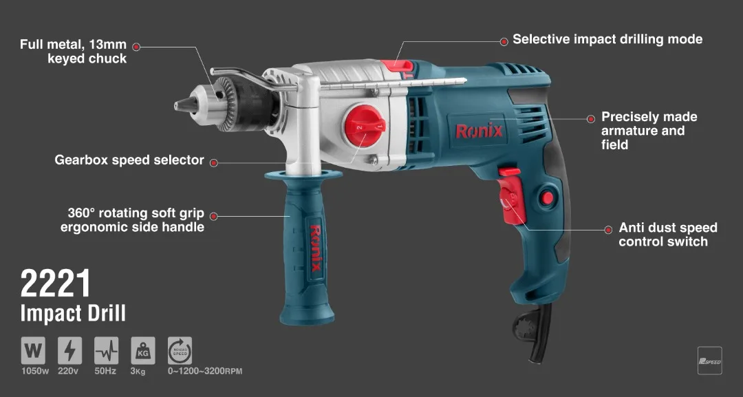 Электрическая портативная Ударная дрель Ronix Model 2221
