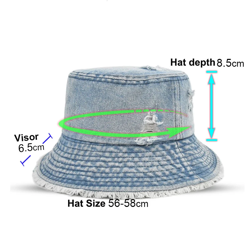 Custom Logo Frayed Brim Washed Cotton Fishing Cap Breathable Summer Sun Hats Women Vintage Denim Bucket Hat