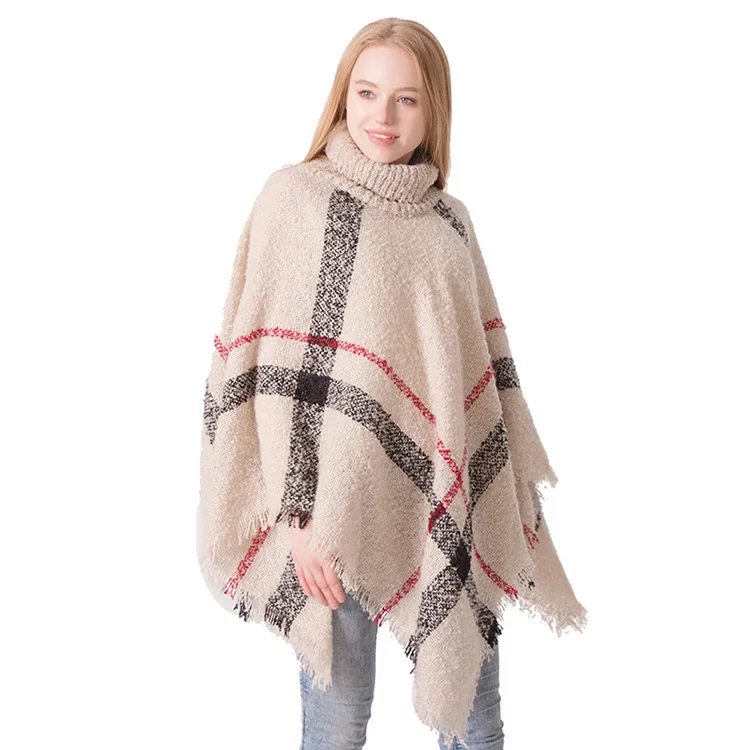 
New Arrival Fashion High Collar Plaid Tassel Cloak Shawl Sweater Winter Poncho For Women Winter 