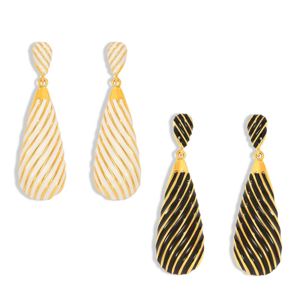 Fashion Jewelry 18K Gold Plated Brass Vintage Zebra Striped Drop Glazed Earrings Geometry Long Water Drop Pendant Earrings Women