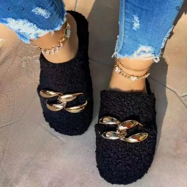 2021 sandals winter new Women Ladies chain Slipper leopard Shoes Furry Fashion Platform Slides Womens Flats Fur Slippers