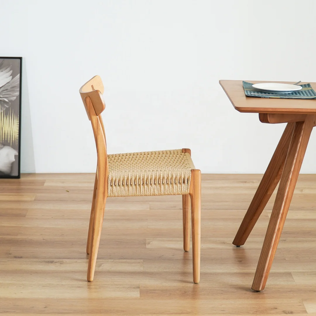 Modern nordic design dining chair leisure public areas wood chair with paper string seat coffee shop chairs with rattan seat