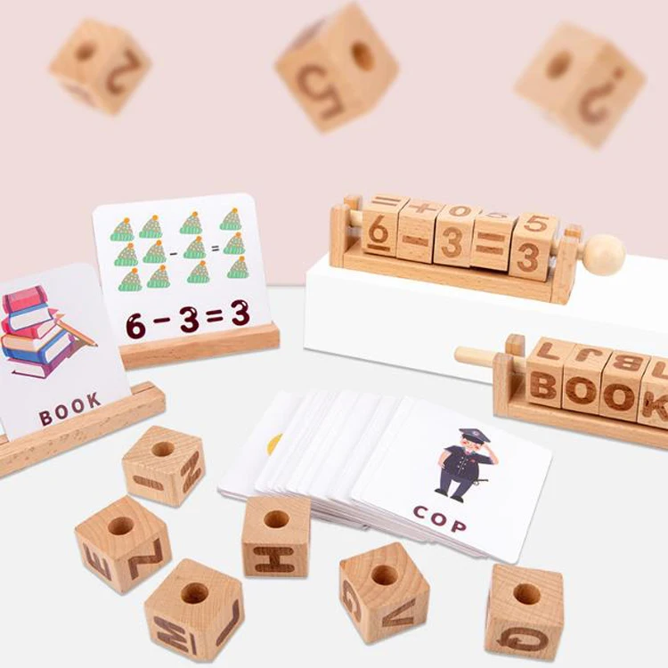 Hot Selling Letters Engraved Cubes, Children Early Leaning Number & Words Spelling Wooden Block With Card