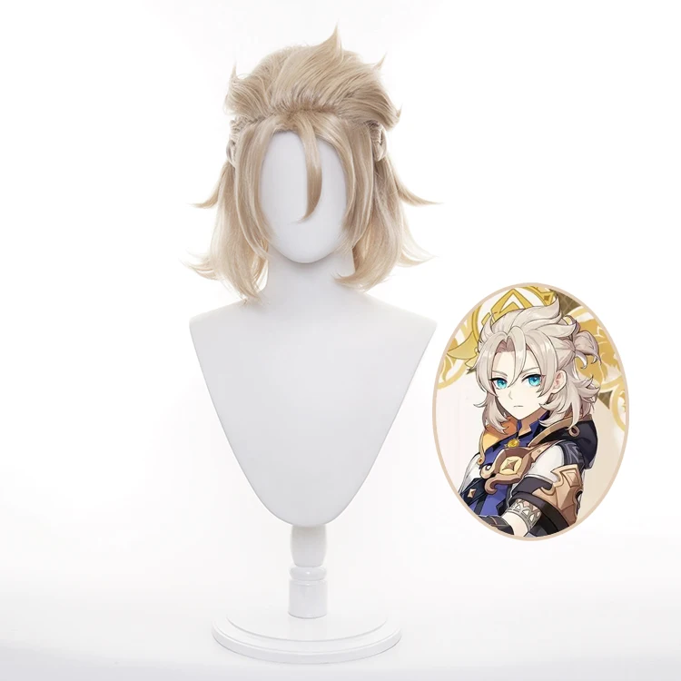 Ainizi new arrival 35cm synthetic flax color heat resistant Albedo cosplay wig from Genshin Impact for men
