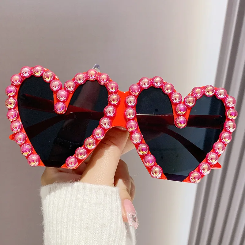 Beach Party Pearl Half Frame Sun Glasses Women Cute Personality Love Heart Punk Eyewear Shades Heart Sunglasses