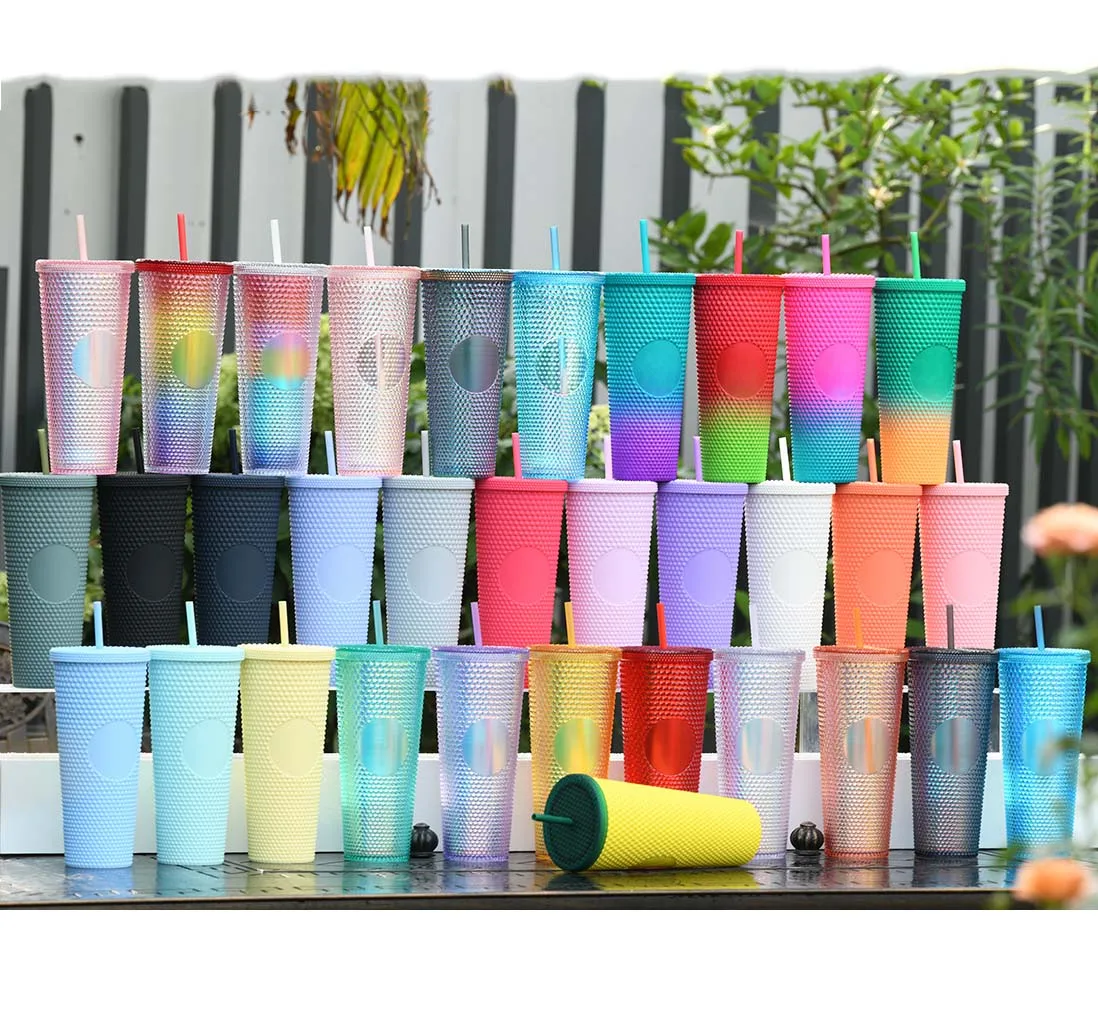 24oz color amazon hot sell durian shape diamond sparkling studded cold cups charms with straws