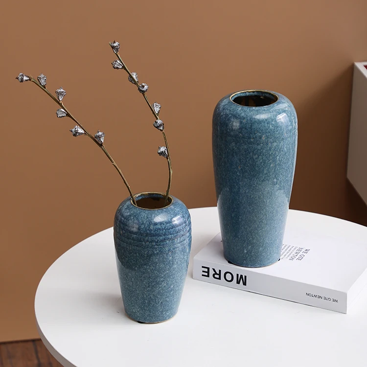 Modern dekoration table decor round glossy blue pottery centerpiece nordic luxury ceramic flower vase for home