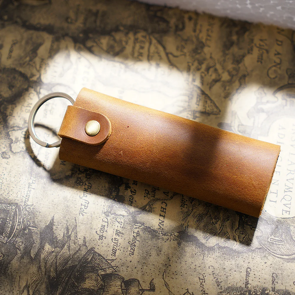 Vintage Full Grain Cowhide Key Ring Sleeve Durable Button Small Keychain Bag Car Case Fashion Key Pouch Free Sample Custom Logo