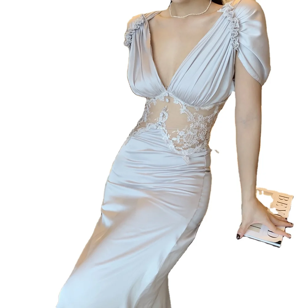 OEM Hot Selling Elegant Hainorina Greek Classic Goddess Pleated Lace Evening Dress