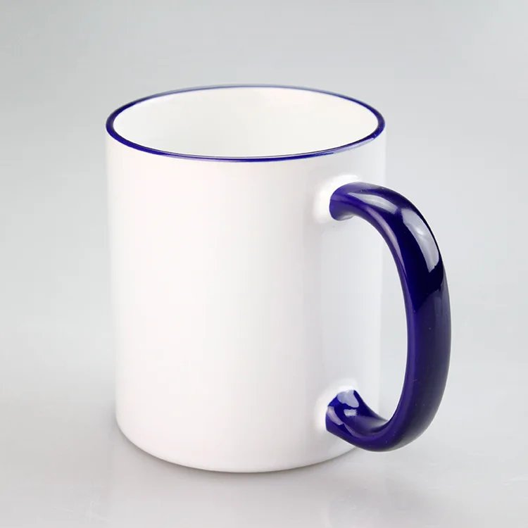 Hot Sell Heat Transfer 11oz  Customized  Handle Coffee Colorful Rim DIY Blank Cup Ceramic Sublimation Mug