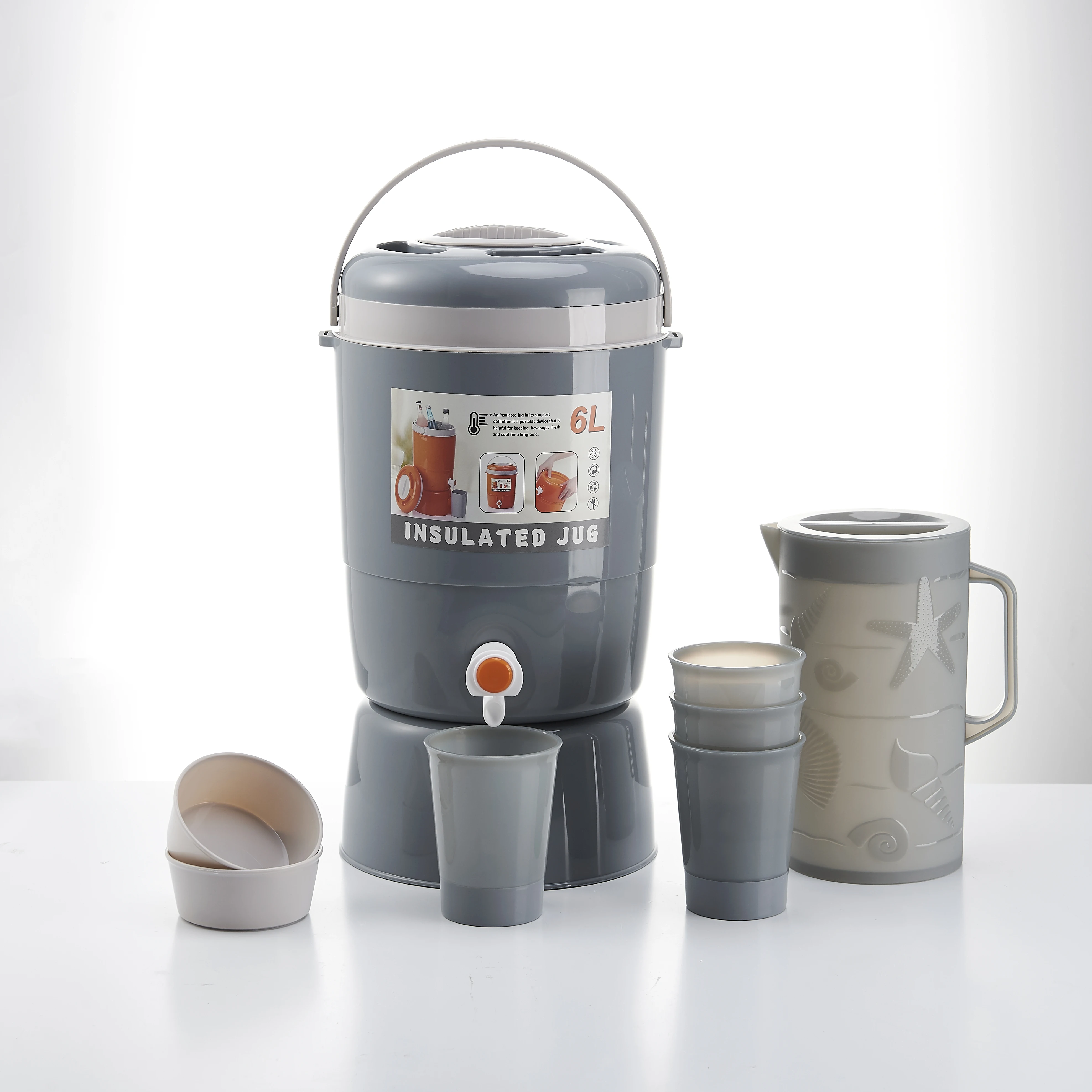 Wholesale  Insulation Tea Coffee Bucket Double Wall plastic  6L+2.1L+0.4L*4 Thermos Water Jug Faucet Milk Tea Barrel