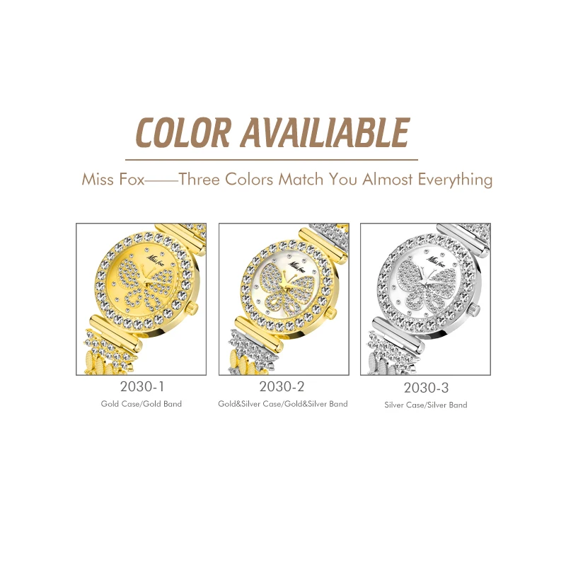 MISSFOX Butterfly Women Watches Luxury Brand Big Diamond 18K Gold Watch Waterproof Special Bracelet Expensive Ladies Wrist Watch