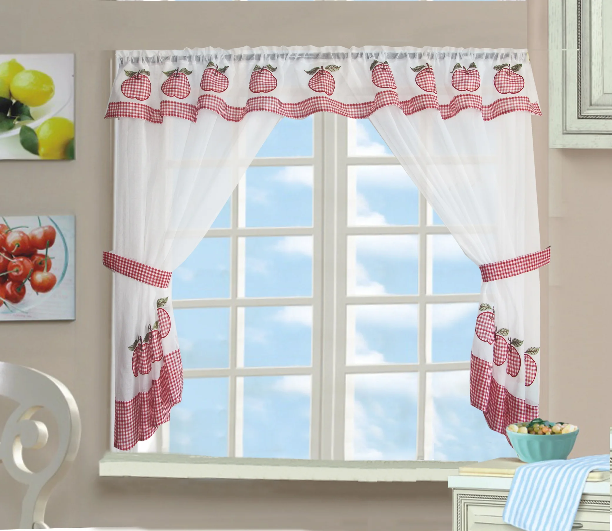 Embroidered kitchen curtains, polyester bamboo semi blackout curtains, no punching printing required
