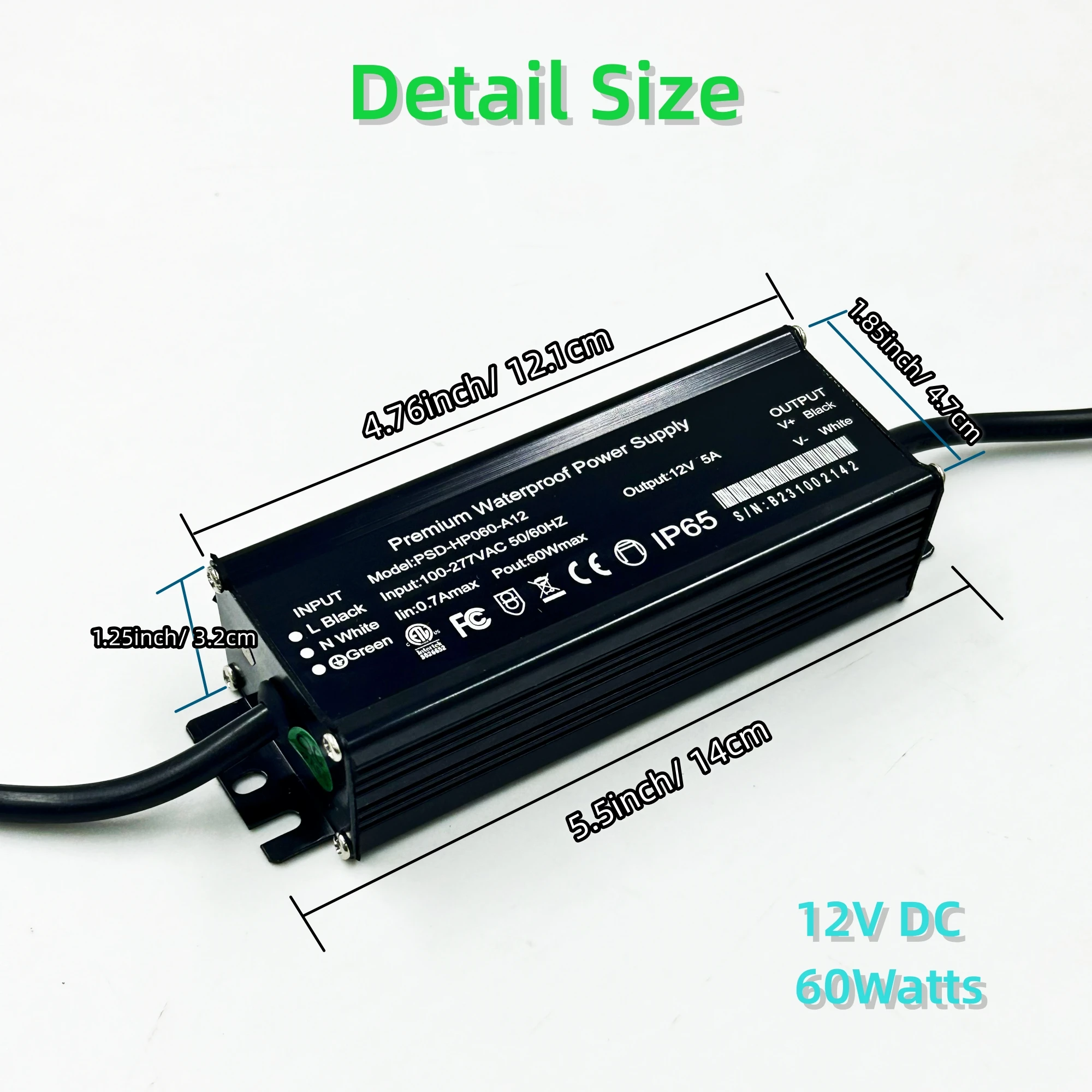LED driver 60W 12V DC 5A Transformer Adapter ETL Listed 100-277V AC to 12V DC Low Voltage output Power Supply
