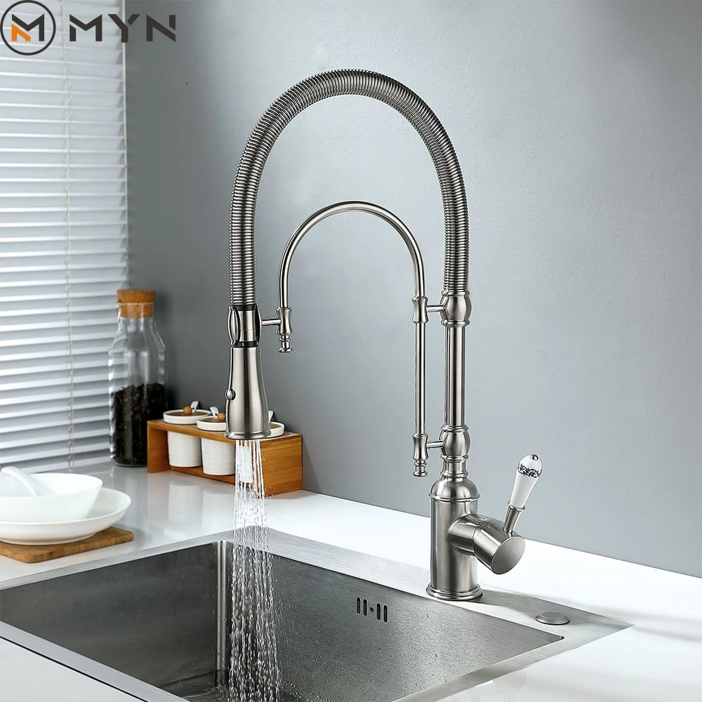 Latest all copper brass American style chrome black gold kitchen faucet sink spring pressurized cold and hot rotating faucet