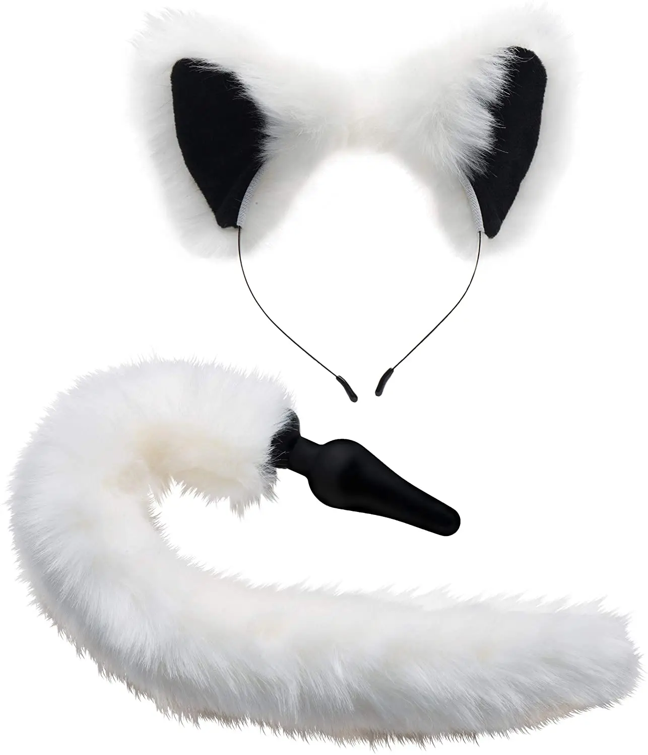 YPM White Cat Ears Set Fox Tail Anal Plug Silicone Cat Tail Anal Plug