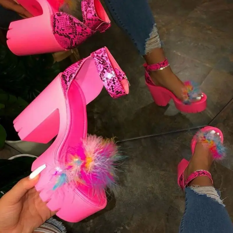2021 ladies fluorescence summer beach fashion hairy pink fur bling fashion cheap high heels pumps 2020 women heels dress shoes