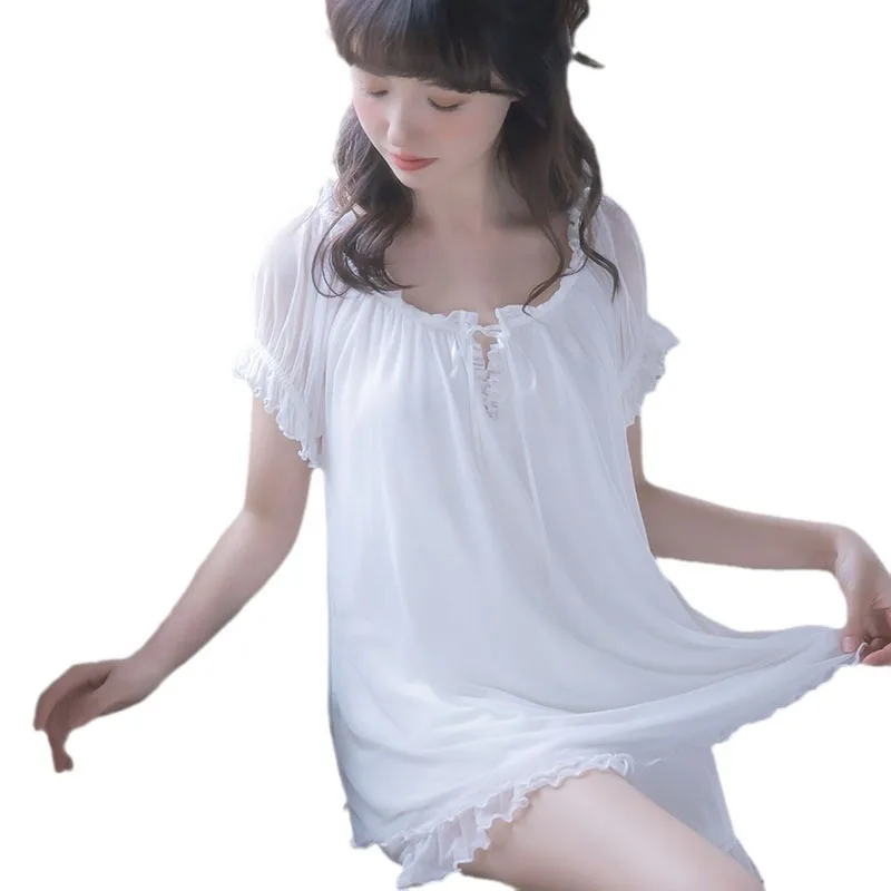 Summer Girls Two Pieces Short Sleeve Pajamas With Slash Neck Bow Solid Women Homewear Of Thin Soft Elastic Loose Home Clothing