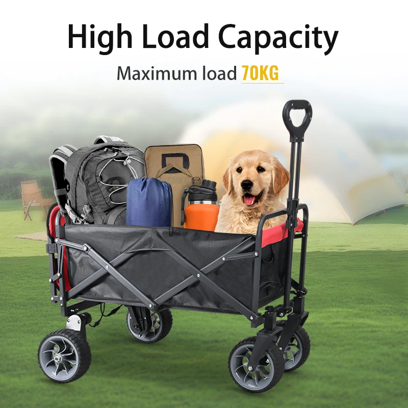 Beach Carts with Big Wheels&Side Pocket&Dustbag Large Capacity Folding Wagon for Shopping New Wave Sports Wagon-Grey