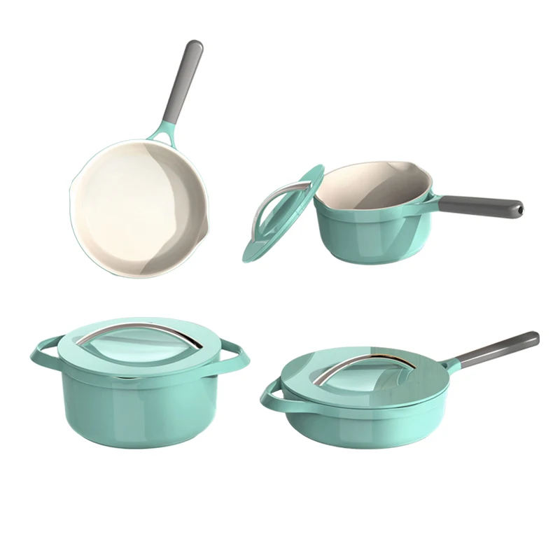 OEM fashion Europe styles Non-stick  Ceramic Coating Die Casting Aluminum  pot and pans With Glass Lid Cookware Set