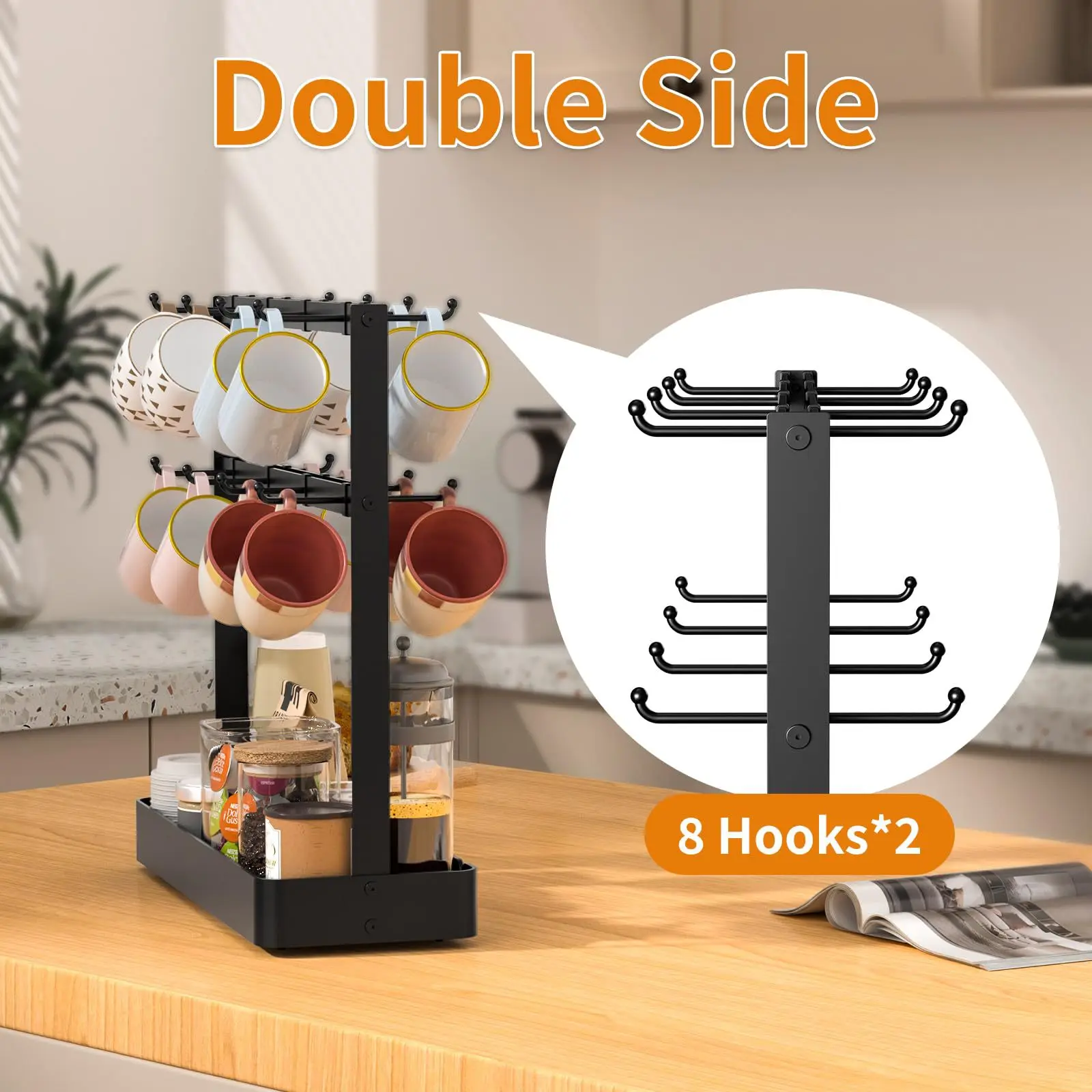 Coffee Mug Holder With Movable Hooks,16 Capacity Coffee Cup Holder For Countertop,2 Tier Mug Tree Holder Rack