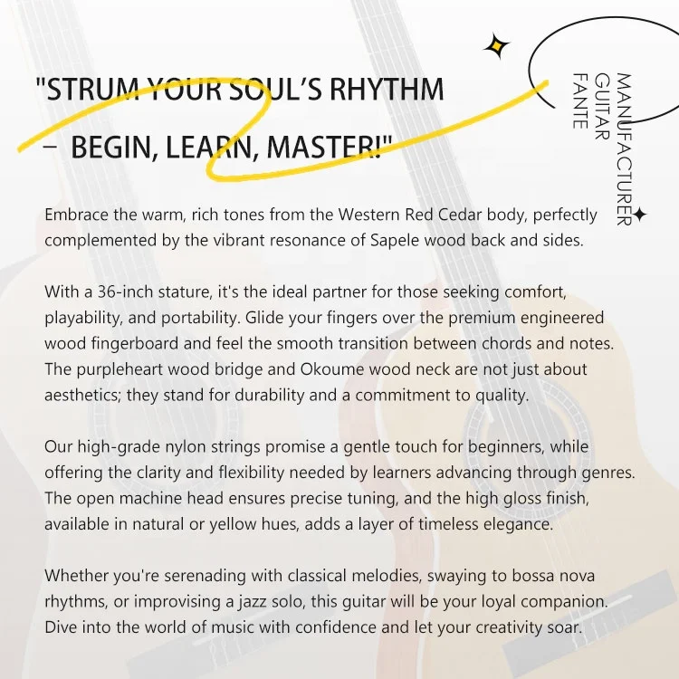 BH-36S Professional Handmade Classical Guitar 3/4 Size Western Red Cedar Sapele Wood for Beginners and Pros