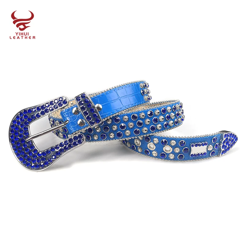 Ремень мужской из искусственной кожи с крокодиловой роскошный голубой ковбойский пояс со стразами в западном