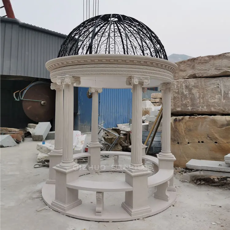 Garden Decor Classic Design Hand Carved Beige Sandstone Roman Column Marble Pavilion Gazebo With Iron Roof