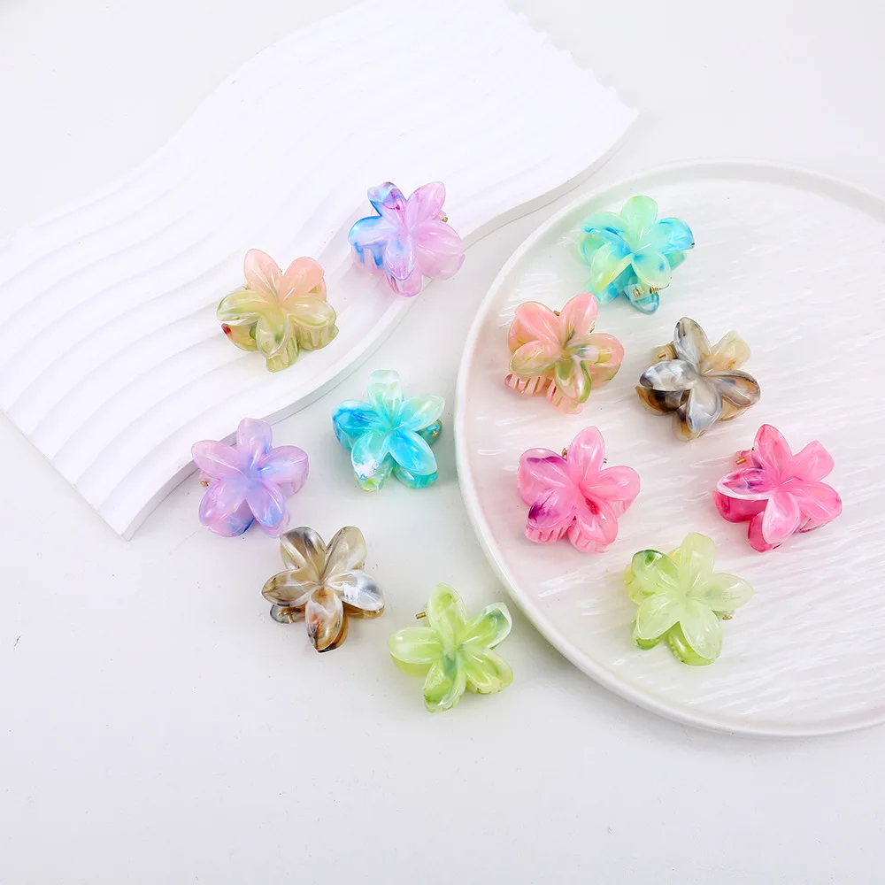 Sweet Design 4cm Marble Hawaiian Mini Flower Girls Hair Claw Accessories Egg Flower Pink Bauhinia Small Hair Claw Clip For Women