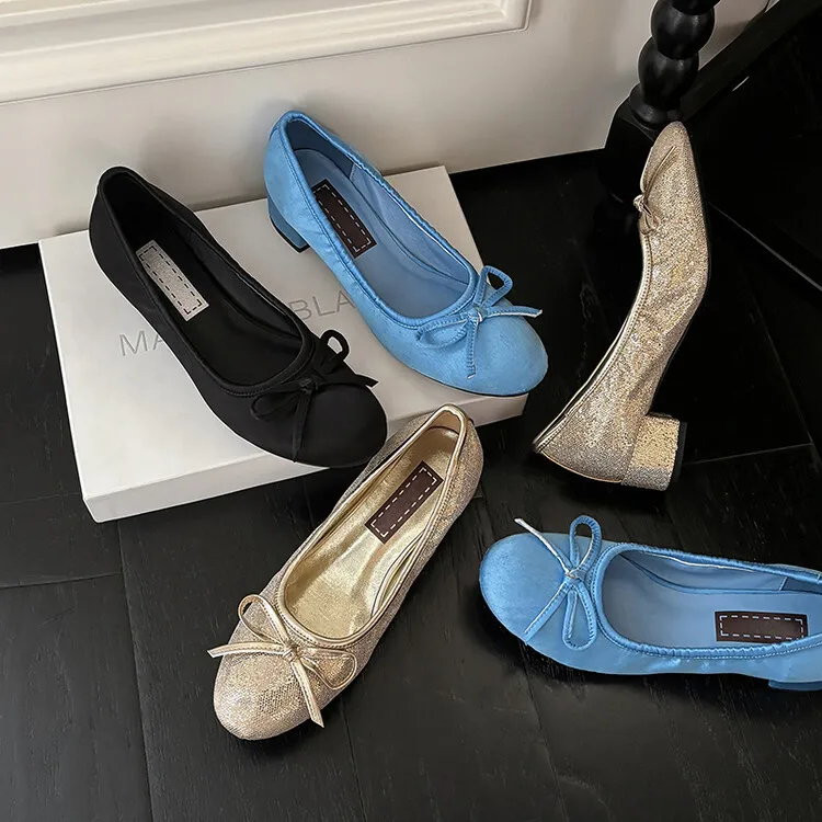 XINZI RAIN Private Label Ladies Ballerina Pumps Cute Round Toe Silk Satin 3.5cm Block Heel Women Ballet Shoes For Summer