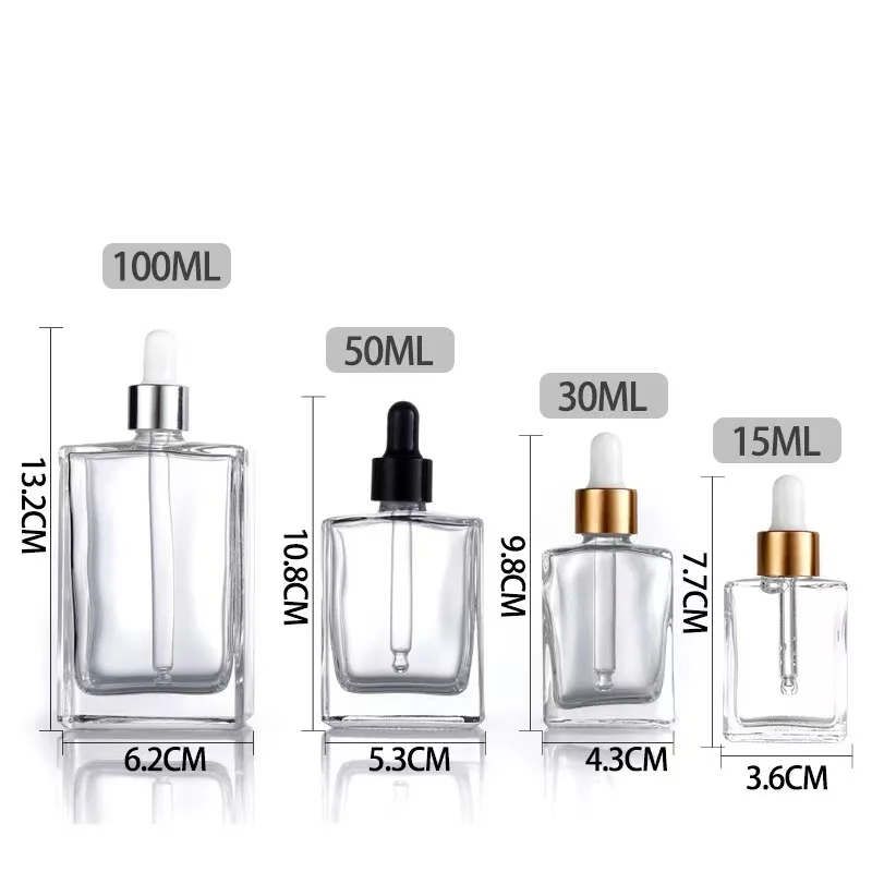 15ml 30ml 50ml 100ml clear square glass dropper bottle  / perfume glass bottle with gold silver top cap