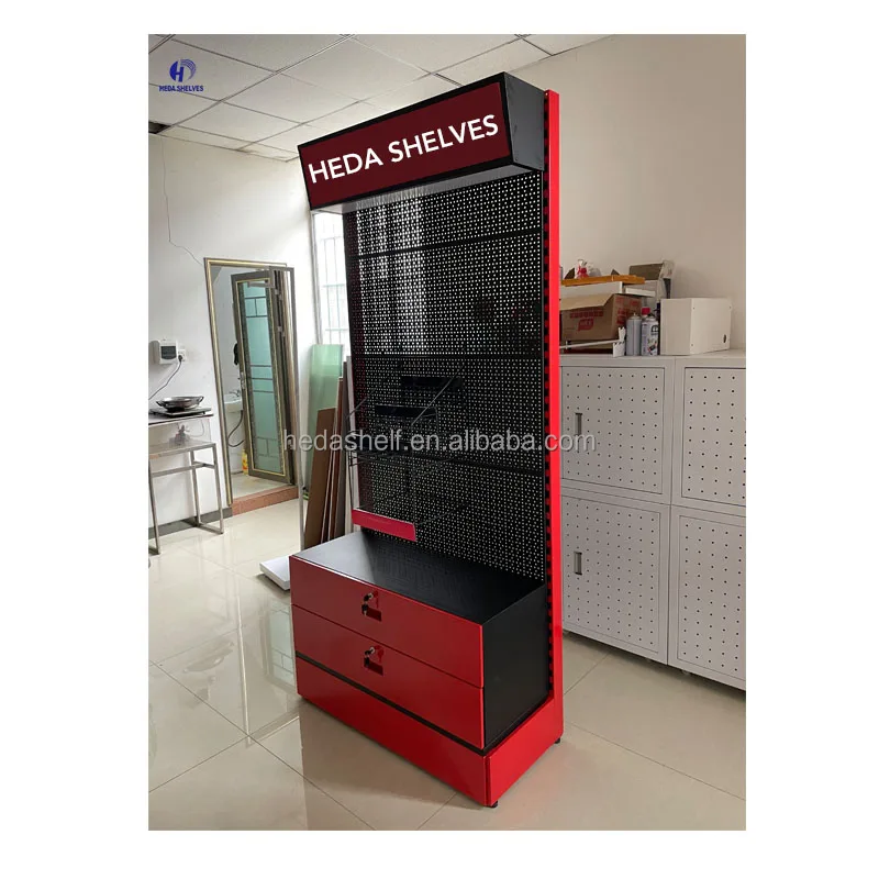Storage Shelves Red Display Racks Supermarket Store Shelves Metal Display Stand for Tools and Hardware Pegboard Display