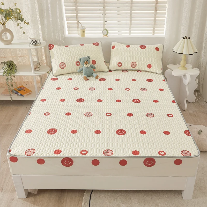 Summer Hot Selling Anti-skid Cooling Elastic Band 5mm Thick Latex Mattress Protector Ice Silk 3Pcs Fitted Bedsheet Sets