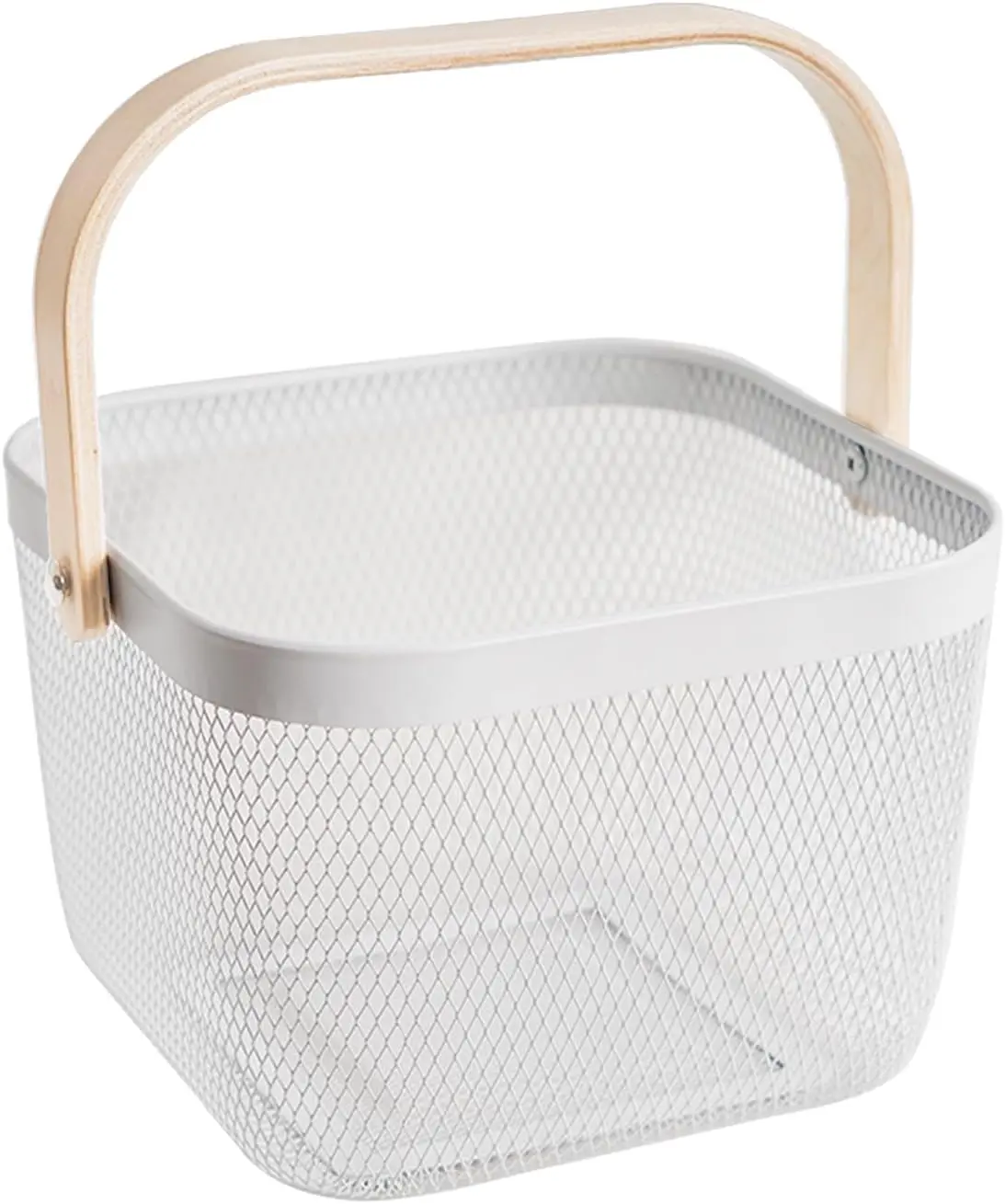 Wholesale White Small Square Organizing Metal Mesh Steel Wire Harvest Storage Basket with Bamboo Handle
