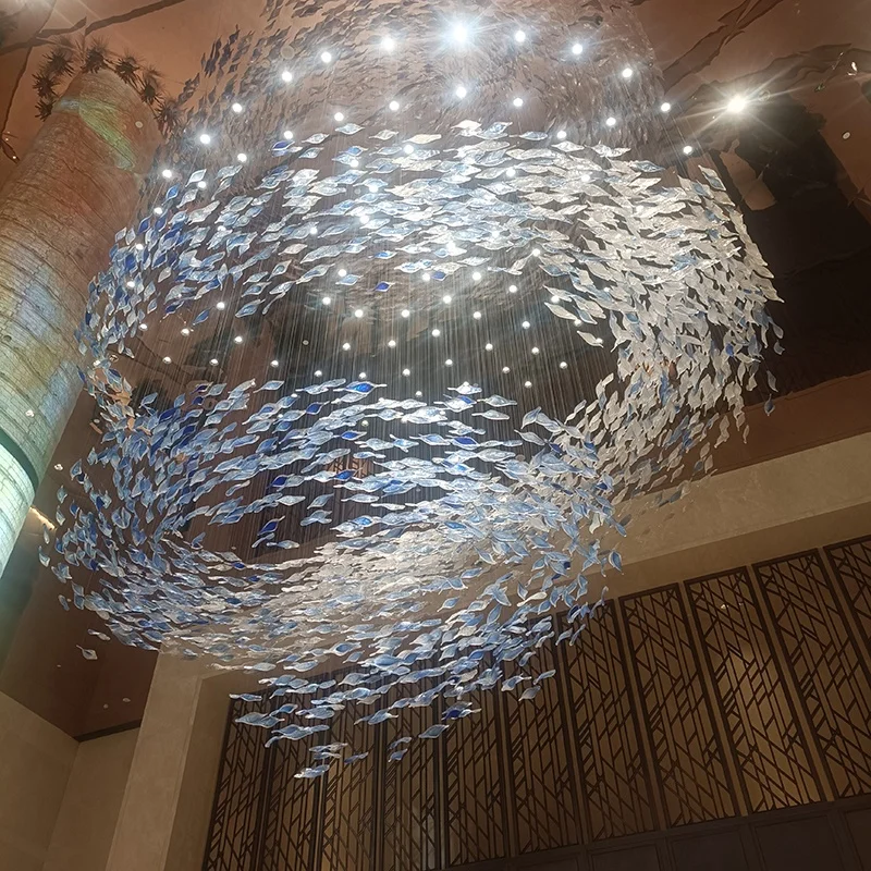 Luxury Ceiling Hanging Lamps Decorative Golden Twisted Glass Leaf Chandeliers for Restaurant Lobby Living Room Villa