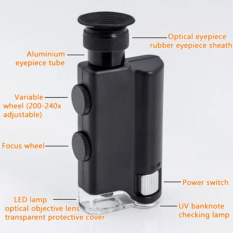 
Wholesale 7752 200X-240X UV Handheld Mini Pocket LED Microscope 